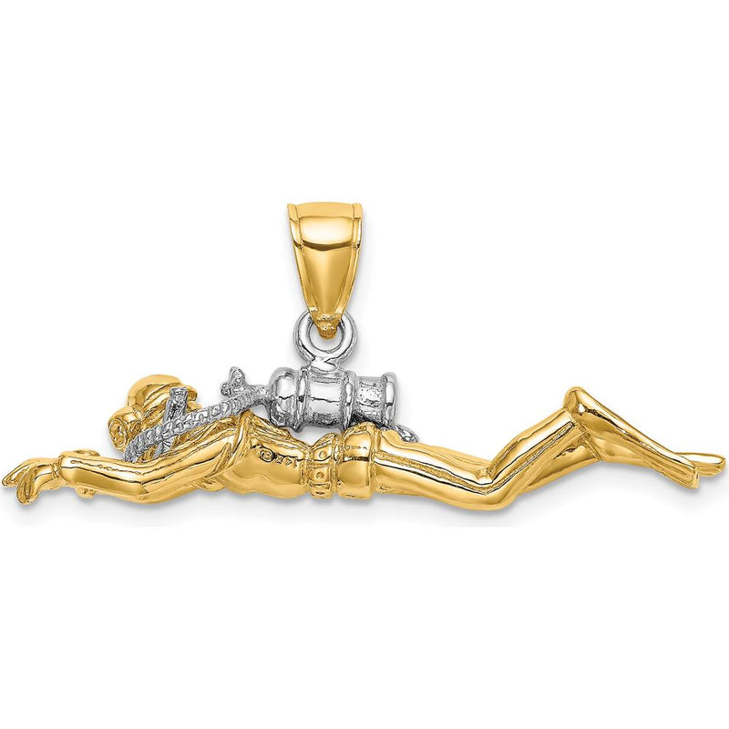 14K Yellow Gold 3D Male Scuba Diver Charm with Rhodium Accents - 47.35mm Length by Oro Pregiato