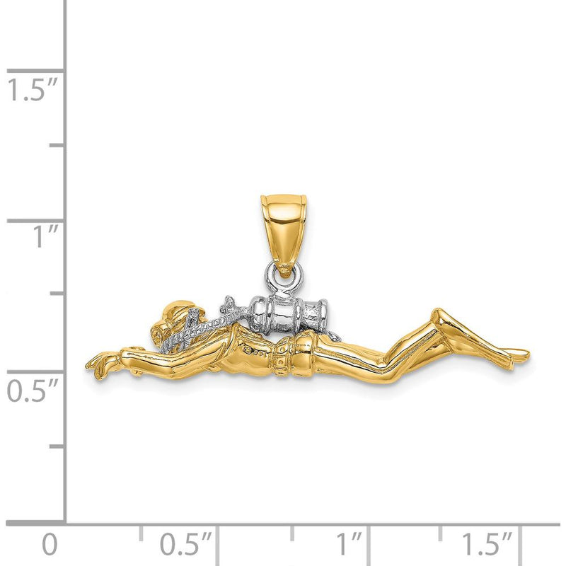 14K Yellow Gold 3D Male Scuba Diver Charm with Rhodium Accents - 47.35mm Length by Oro Pregiato