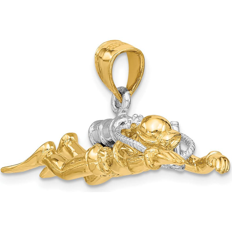 14K Yellow Gold 3D Male Scuba Diver Charm with Rhodium Accents - 47.35mm Length by Oro Pregiato