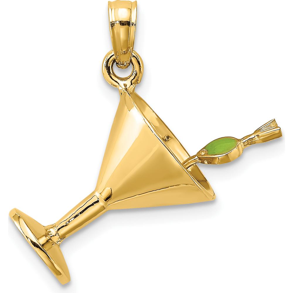 14K Yellow Gold 3D Martini Glass Pendant with Green Enameled Olive Charm by Oro Pregiato