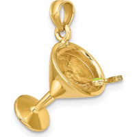 14K Yellow Gold 3D Martini Glass Pendant with Green Enameled Olive Charm by Oro Pregiato