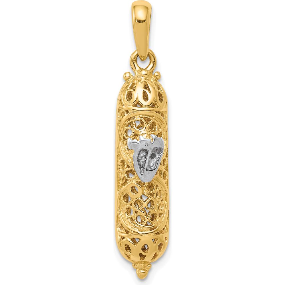 14K Yellow Gold 3D Mezuzah Pendant with White Rhodium Shin Charm - Polished Finish by Oro Pregiato
