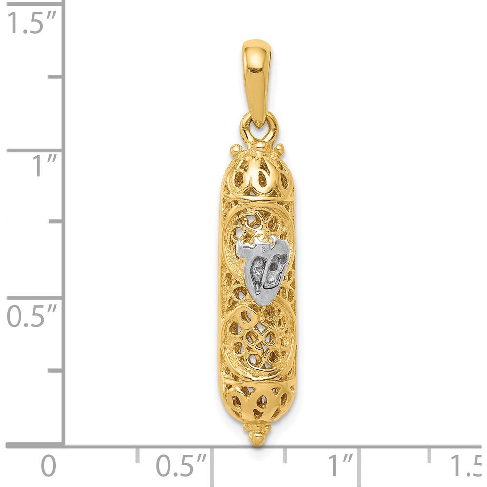 14K Yellow Gold 3D Mezuzah Pendant with White Rhodium Shin Charm - Polished Finish by Oro Pregiato