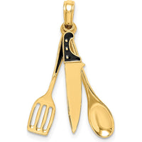 14K Yellow Gold 3D Moveable Butcher Knife, Spoon and Spatula Charm with Black Enamel Accents by Oro Pregiato