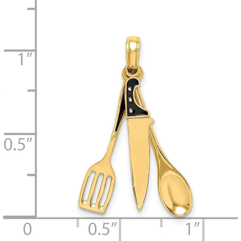 14K Yellow Gold 3D Moveable Butcher Knife, Spoon and Spatula Charm with Black Enamel Accents by Oro Pregiato