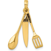 14K Yellow Gold 3D Moveable Butcher Knife, Spoon and Spatula Charm with Black Enamel Accents by Oro Pregiato