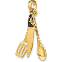 14K Yellow Gold 3D Moveable Butcher Knife, Spoon and Spatula Charm with Black Enamel Accents by Oro Pregiato