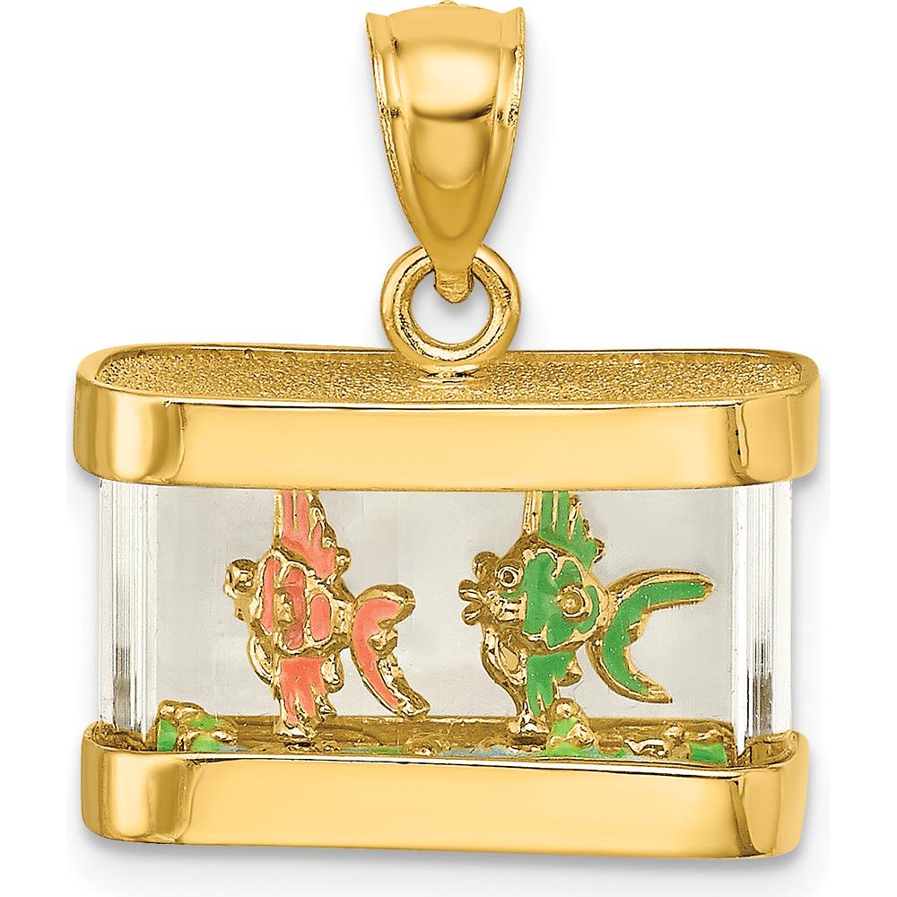 14K Yellow Gold 3D Moveable Enamel Fish in Aquarium Charm by Oro Pregiato