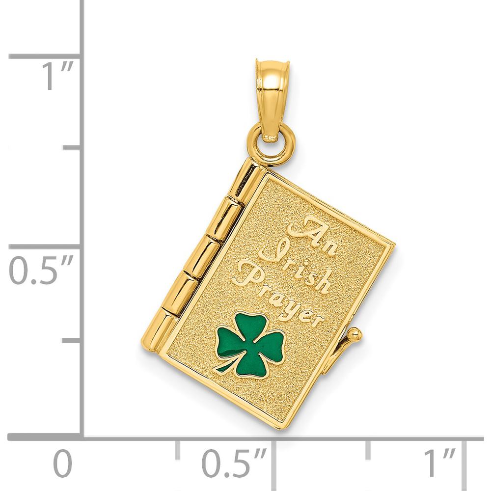 14K Yellow Gold 3D Moveable Enameled "An Irish Prayer" Book Pendant with Green Clover Charm by Oro Pregiato