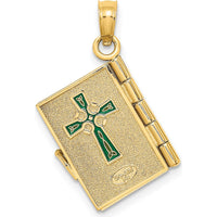 14K Yellow Gold 3D Moveable Enameled "An Irish Prayer" Book Pendant with Green Clover Charm by Oro Pregiato