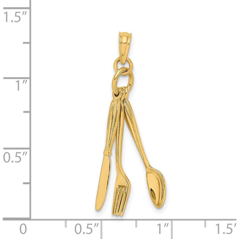 14K Yellow Gold 3D Moveable Knife, Fork, and Spoon Pendant - Polished Finish by Oro Pregiato