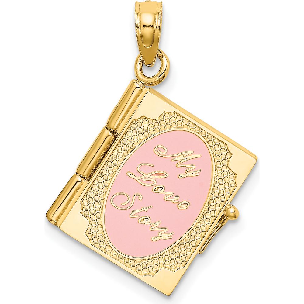 14K Yellow Gold 3D Moveable "My Love Story" Book Pendant with Pink Enamel and Gold Script by Oro Pregiato