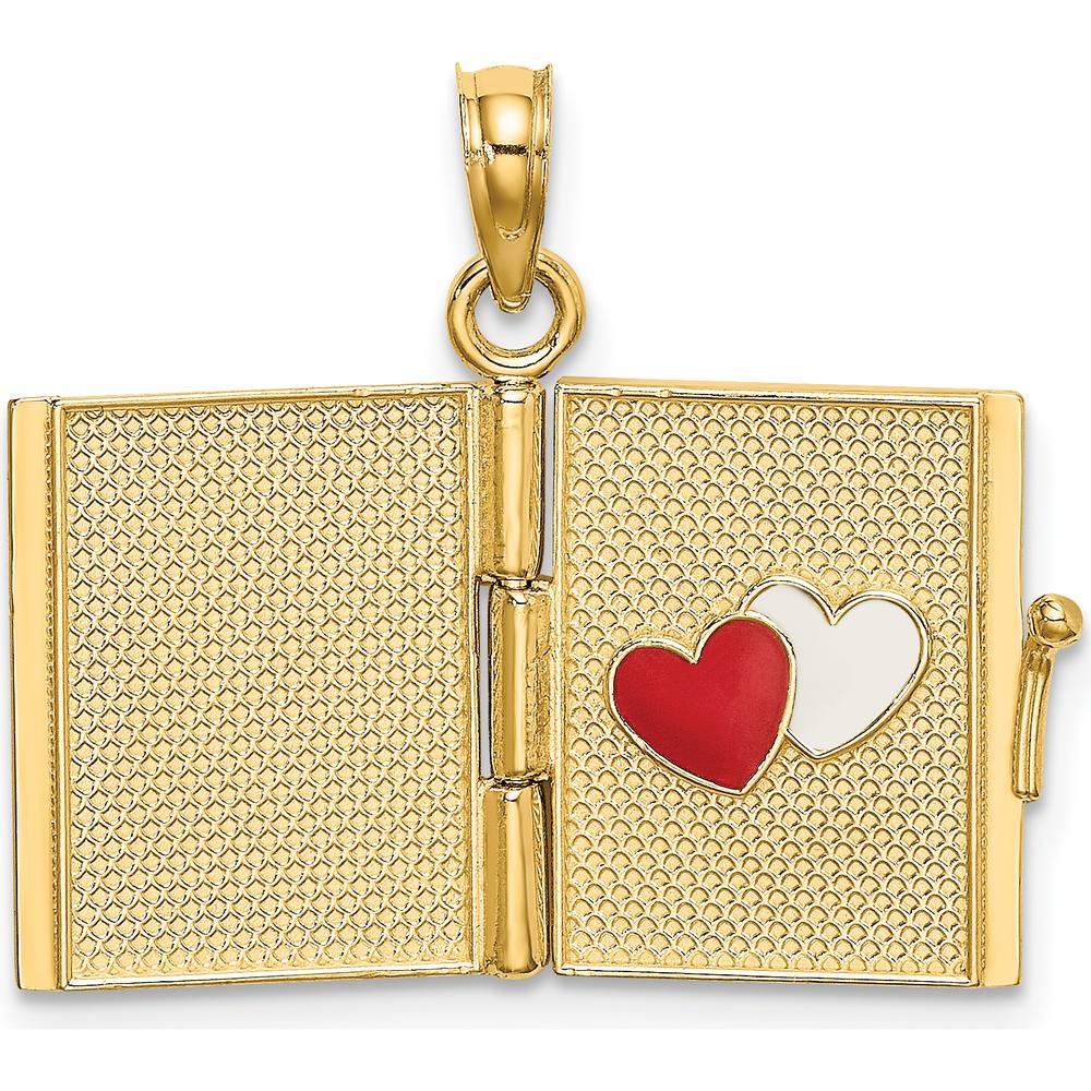 14K Yellow Gold 3D Moveable "My Love Story" Book Pendant with Pink Enamel and Gold Script by Oro Pregiato