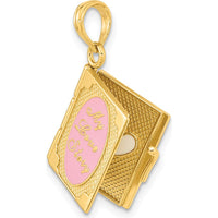 14K Yellow Gold 3D Moveable "My Love Story" Book Pendant with Pink Enamel and Gold Script by Oro Pregiato