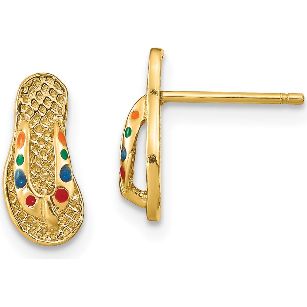 14K Yellow Gold 3D Multi-Color Enamel Flip-Flop Button Earrings - 11mm by 0