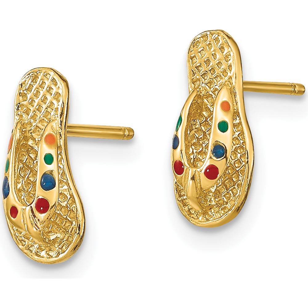 14K Yellow Gold 3D Multi-Color Enamel Flip-Flop Button Earrings - 11mm by 0