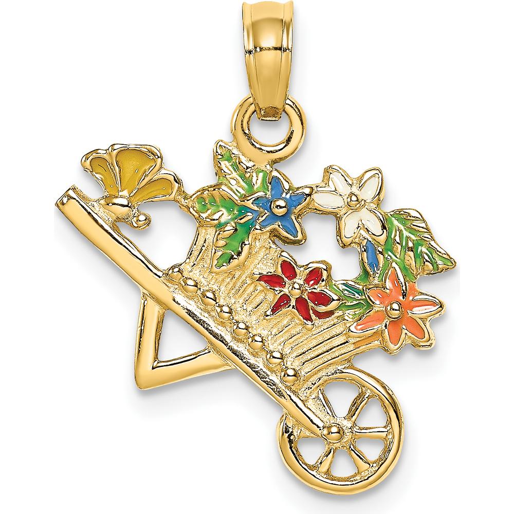 14K Yellow Gold 3D Multi-color Enamel Flower Cart Charm Pendant by Oro Pregiato