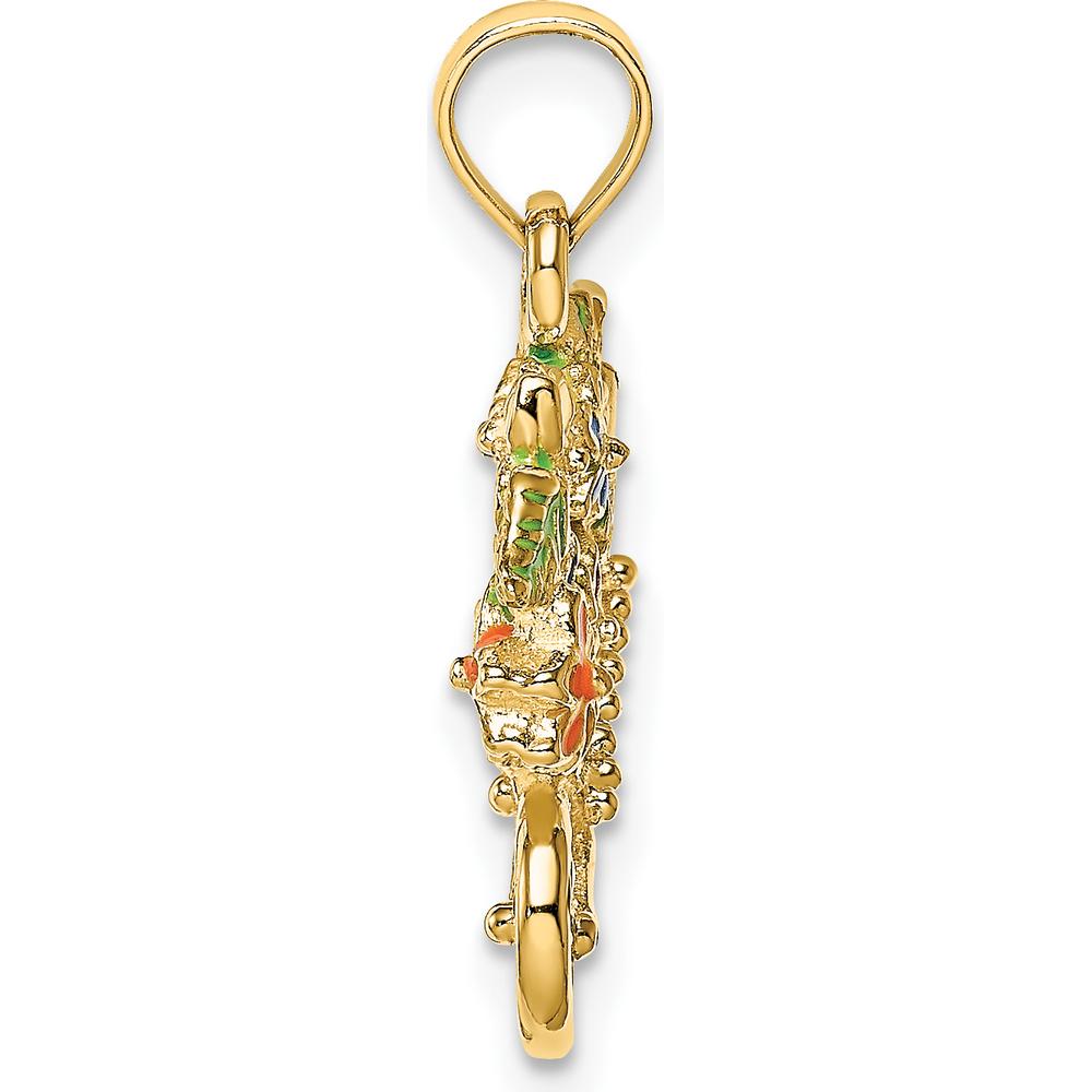 14K Yellow Gold 3D Multi-color Enamel Flower Cart Charm Pendant by Oro Pregiato