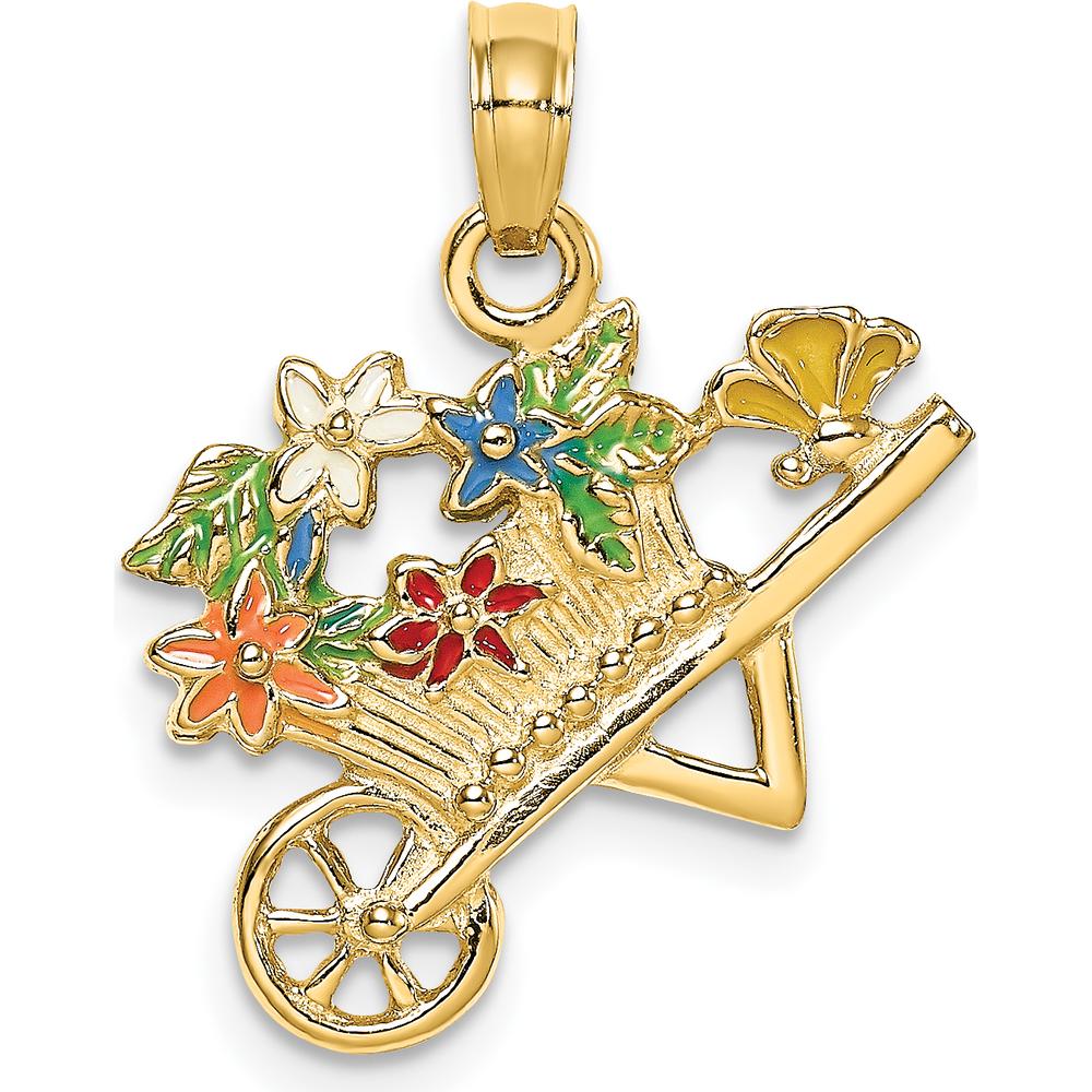 14K Yellow Gold 3D Multi-color Enamel Flower Cart Charm Pendant by Oro Pregiato