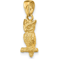 14K Yellow Gold 3D Owl Pendant with Textured Finish - 20mm Length by Oro Pregiato