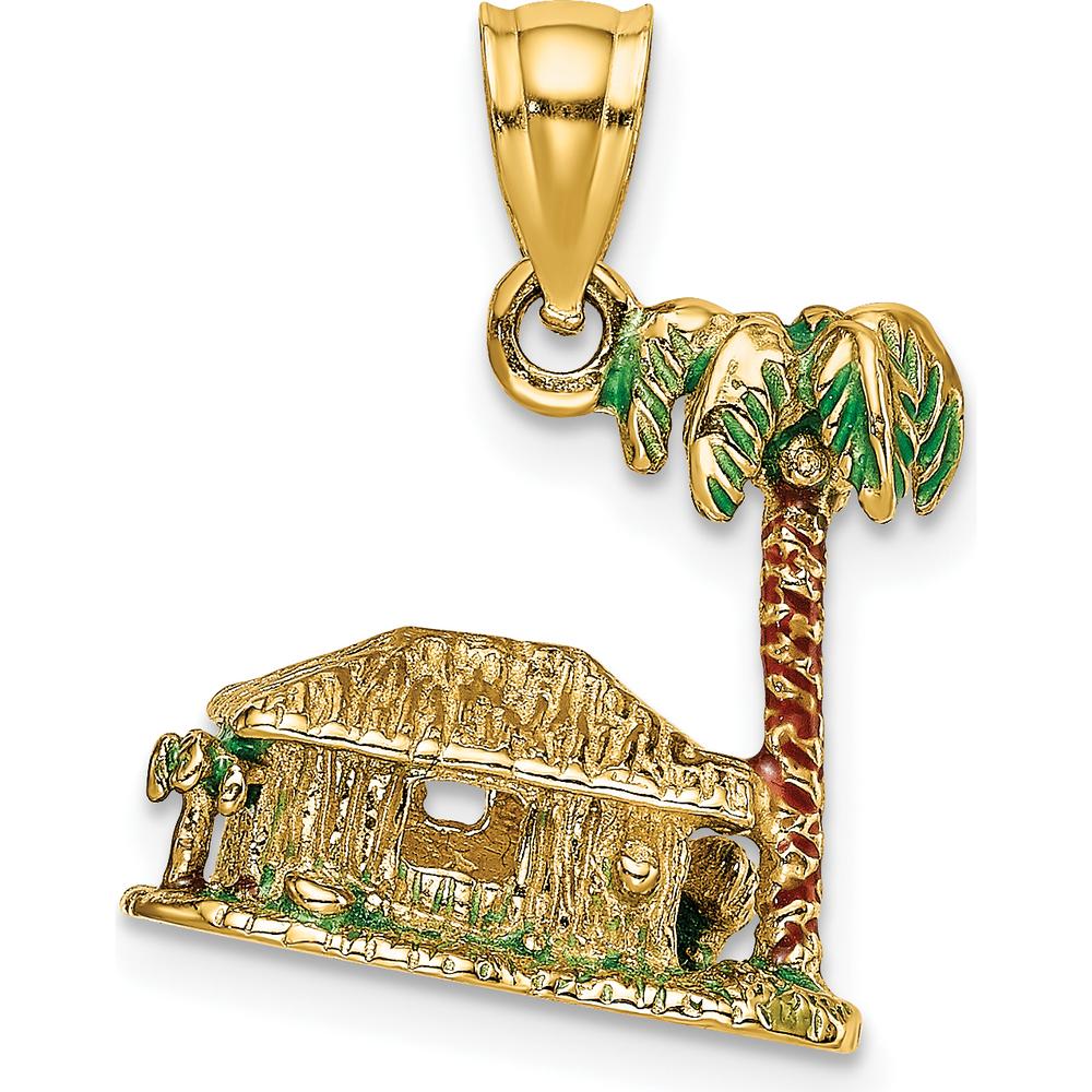 14K Yellow Gold 3D Palm Tree and Hut Charm with Enamel Accents by Oro Pregiato