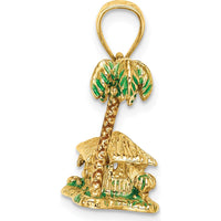 14K Yellow Gold 3D Palm Tree and Hut Charm with Enamel Accents by Oro Pregiato