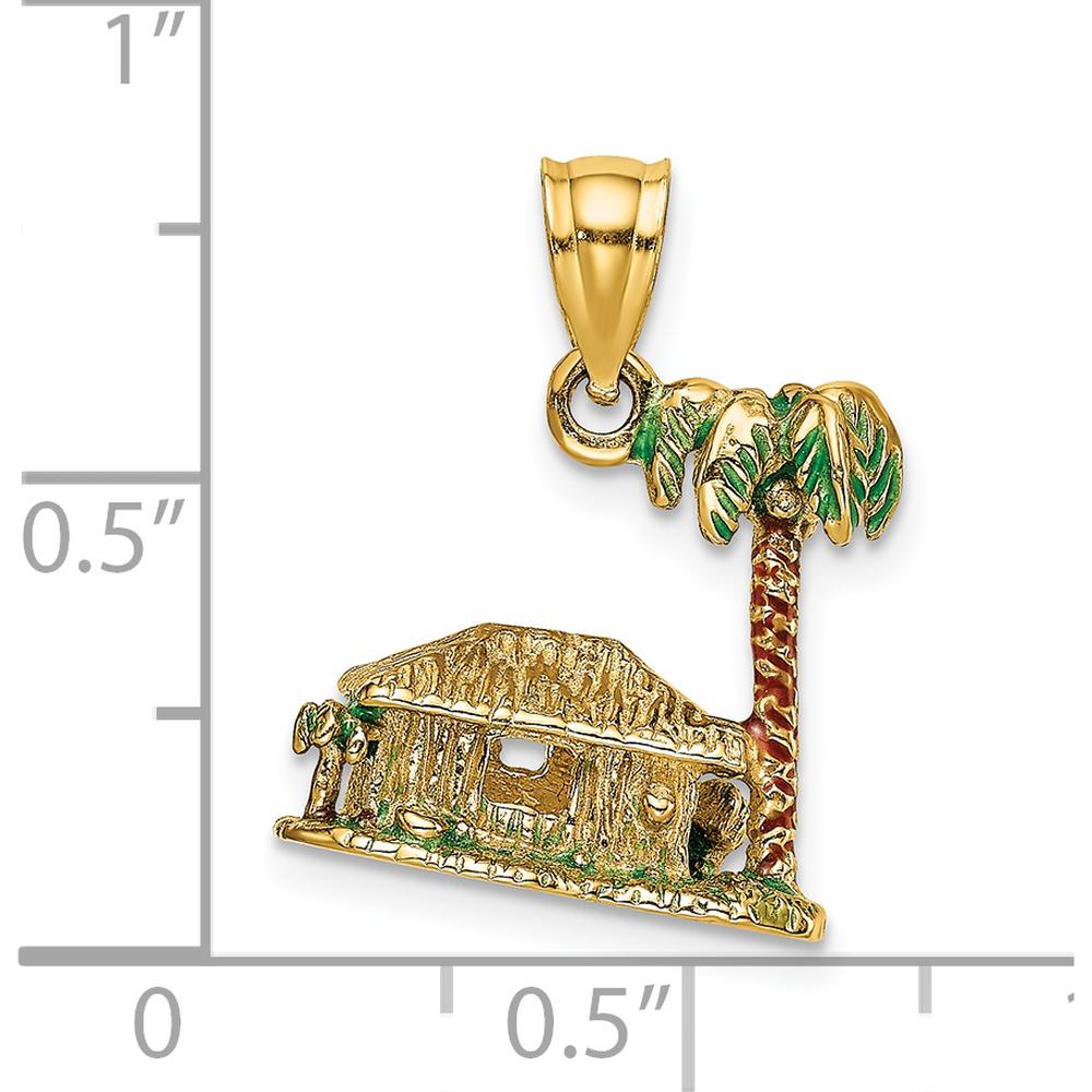 14K Yellow Gold 3D Palm Tree and Hut Charm with Enamel Accents by Oro Pregiato