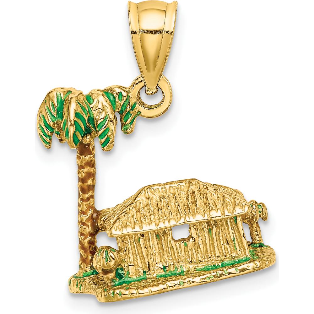 14K Yellow Gold 3D Palm Tree and Hut Charm with Enamel Accents by Oro Pregiato