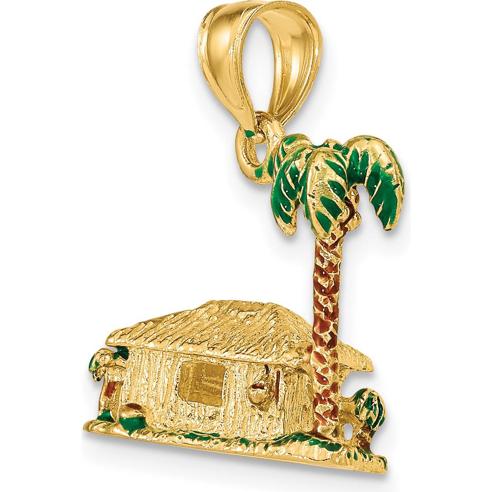 14K Yellow Gold 3D Palm Tree and Hut Charm with Enamel Accents by Oro Pregiato