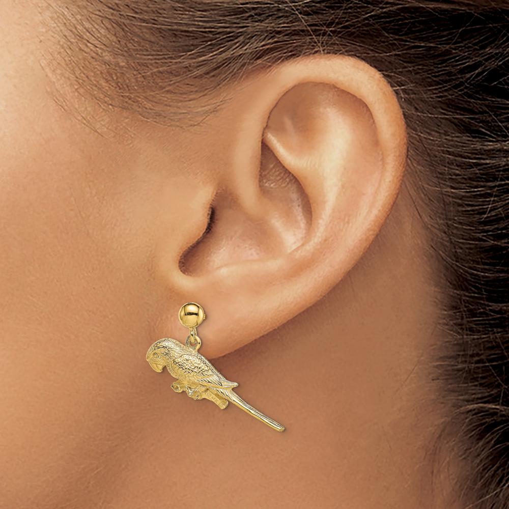 14K Yellow Gold 3D Parrot Dangle Earrings with Textured Finish by 0