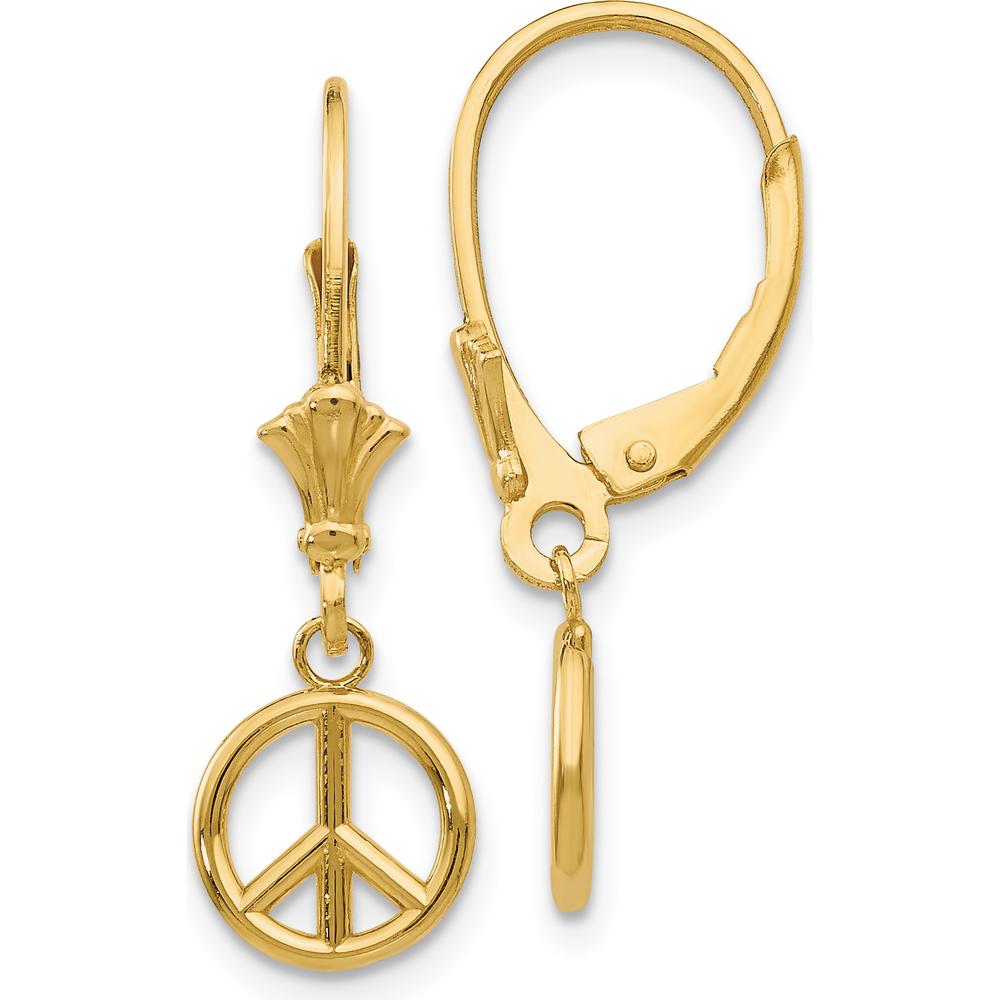 14K Yellow Gold 3D Peace Symbol Leverback Drop Earrings by 0