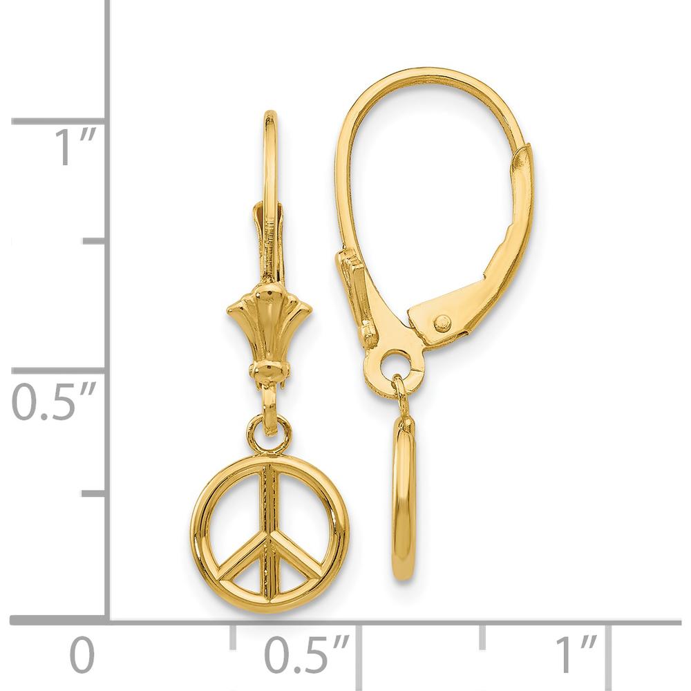 14K Yellow Gold 3D Peace Symbol Leverback Drop Earrings by 0