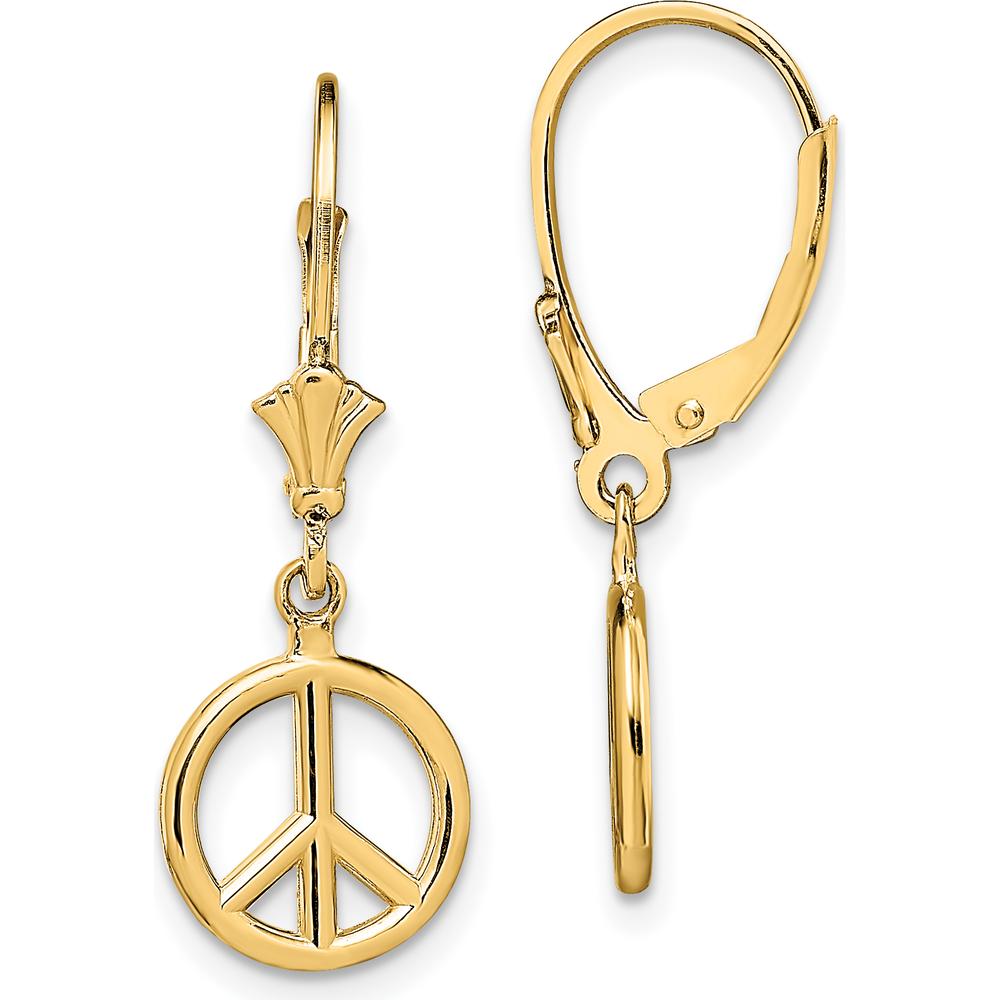 14K Yellow Gold 3D Peace Symbol Leverback Drop Earrings by 0