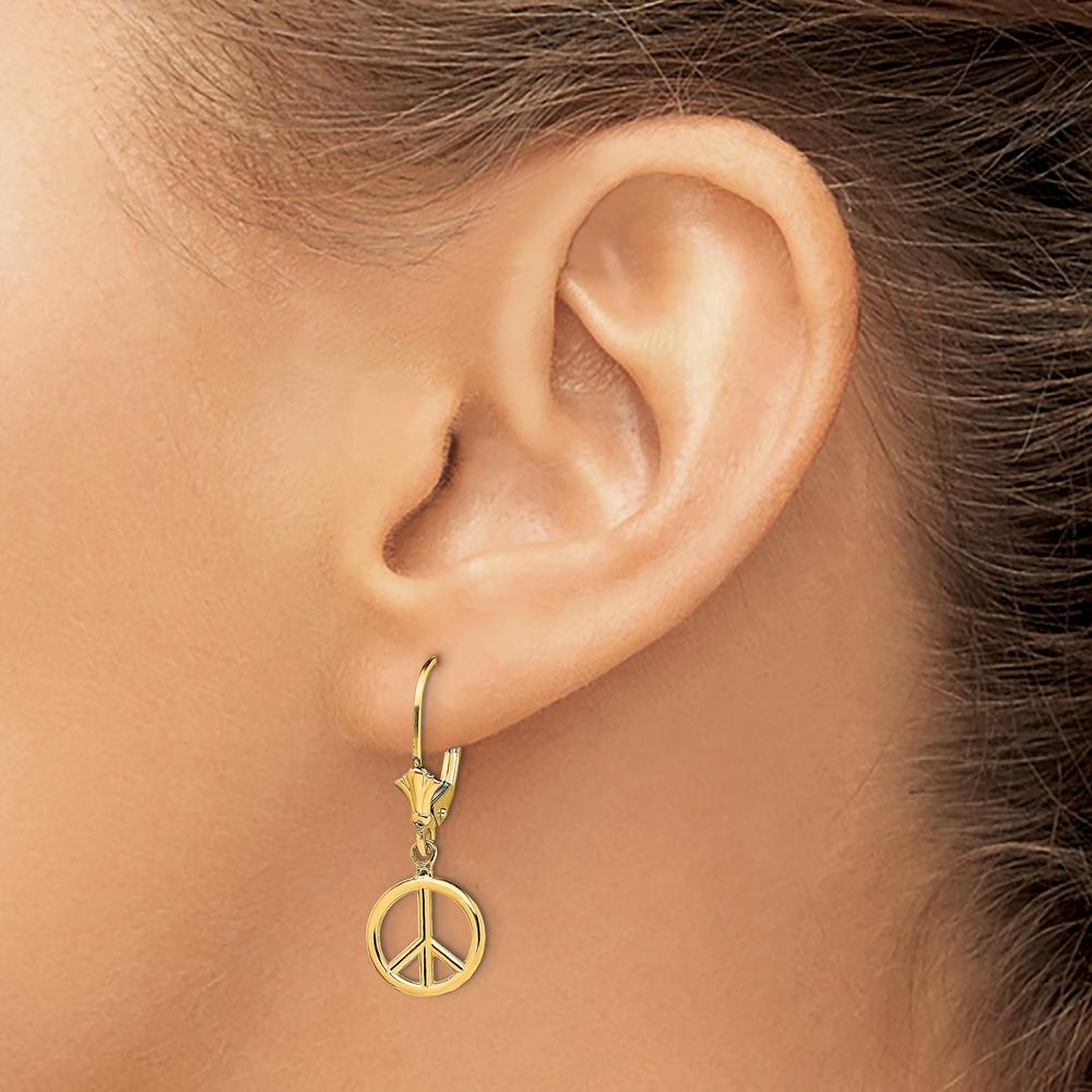 14K Yellow Gold 3D Peace Symbol Leverback Drop Earrings by 0