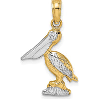14K Yellow Gold 3D Pelican Charm with White Rhodium Accents - Textured Wildlife Pendant by Oro Pregiato