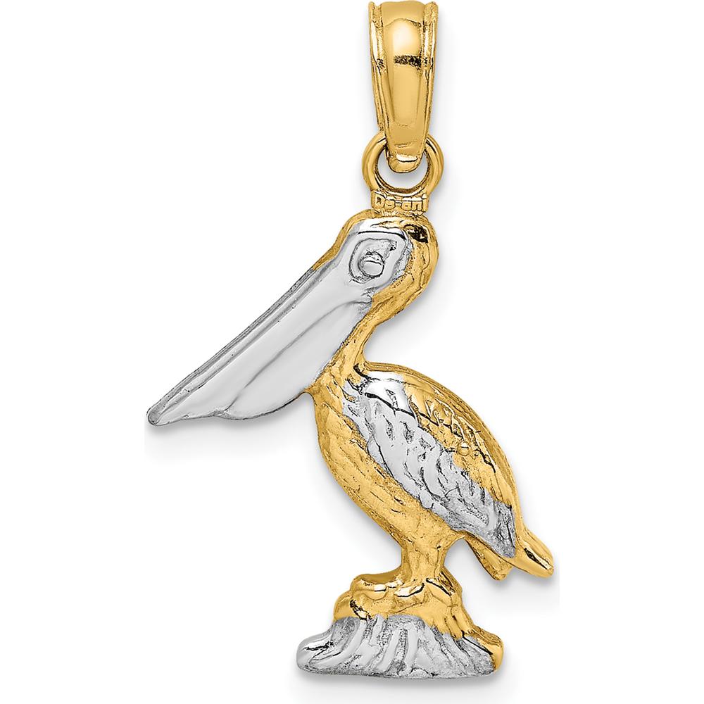 14K Yellow Gold 3D Pelican Charm with White Rhodium Accents - Textured Wildlife Pendant by Oro Pregiato