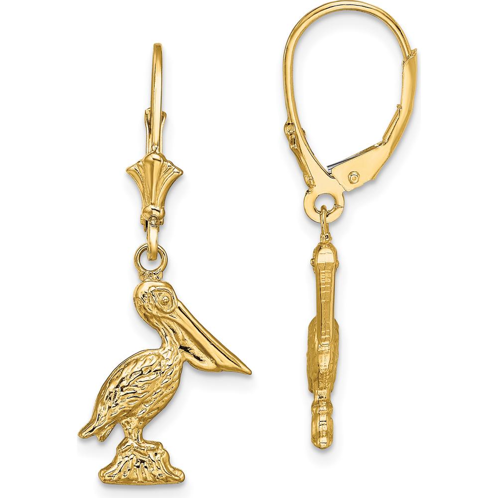 14K Yellow Gold 3D Pelican Standing Leverback Drop Earrings by 0