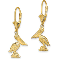 14K Yellow Gold 3D Pelican Standing Leverback Drop Earrings by 0