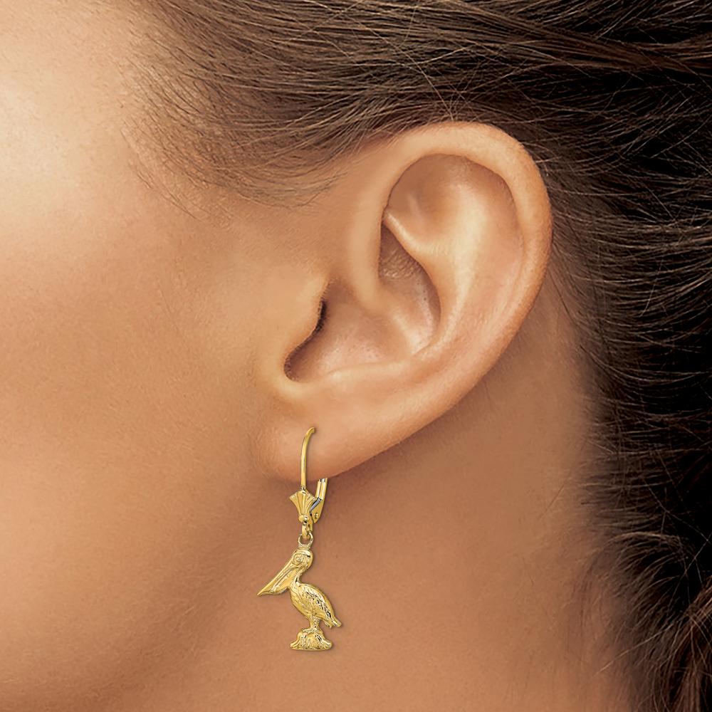 14K Yellow Gold 3D Pelican Standing Leverback Drop Earrings by 0