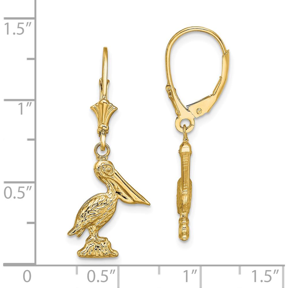 14K Yellow Gold 3D Pelican Standing Leverback Drop Earrings by 0