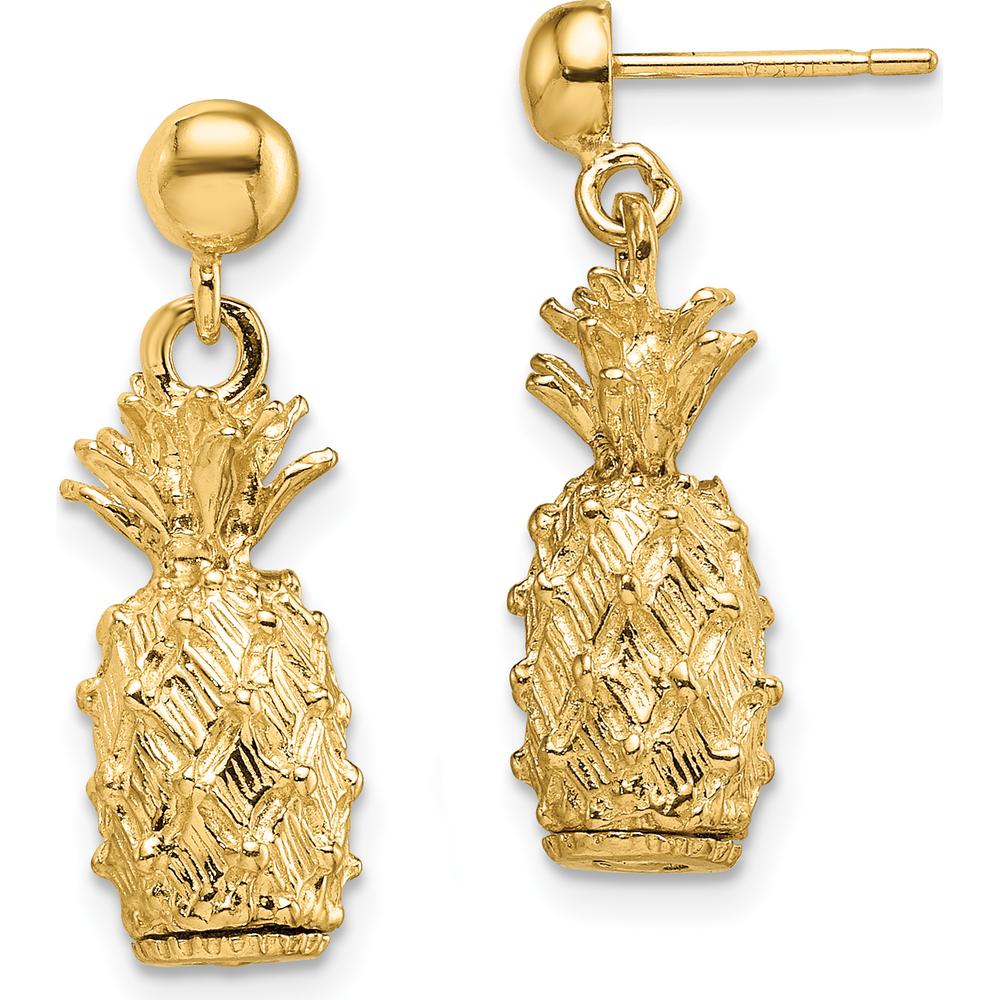 14K Yellow Gold 3D Pineapple Dangle Post Earrings - Textured Design, 21.25mm Length by 0