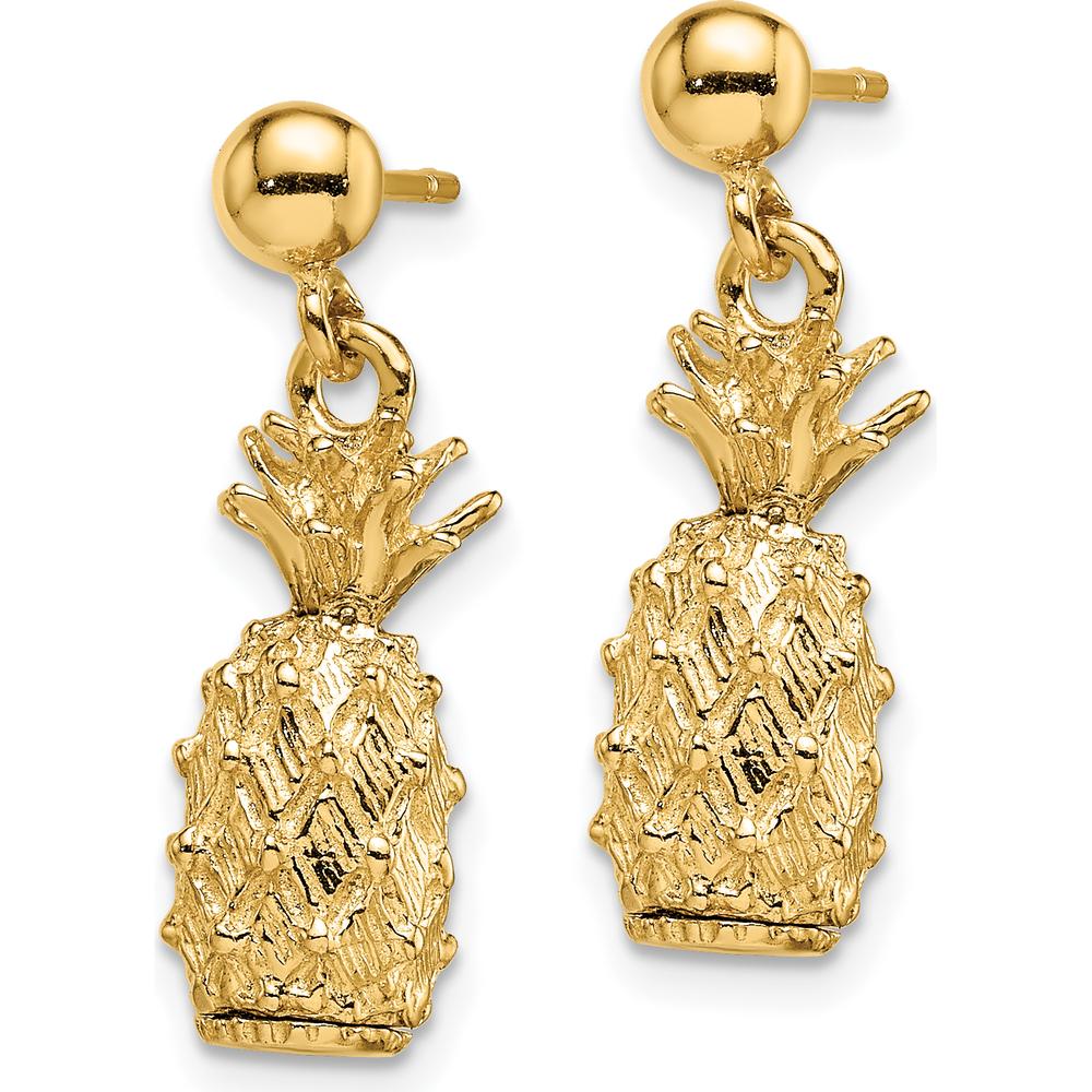 14K Yellow Gold 3D Pineapple Dangle Post Earrings - Textured Design, 21.25mm Length by 0