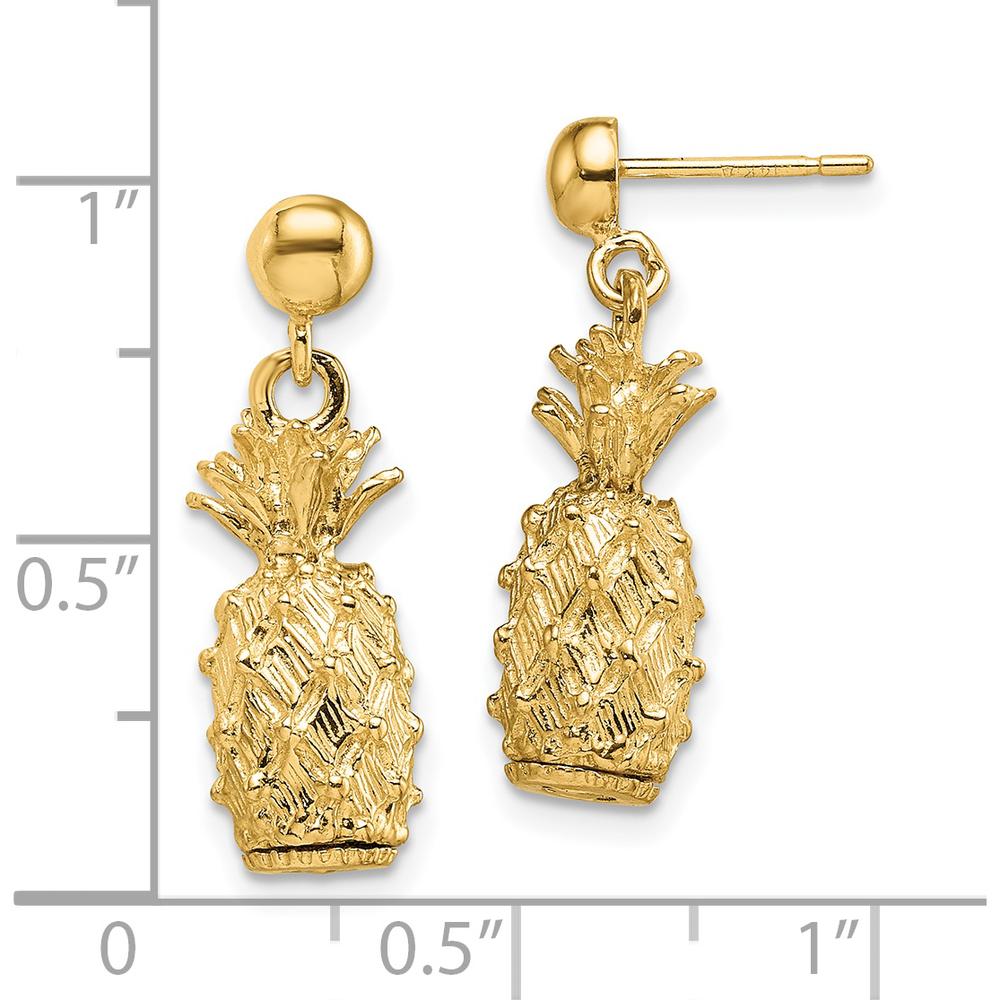 14K Yellow Gold 3D Pineapple Dangle Post Earrings - Textured Design, 21.25mm Length by 0