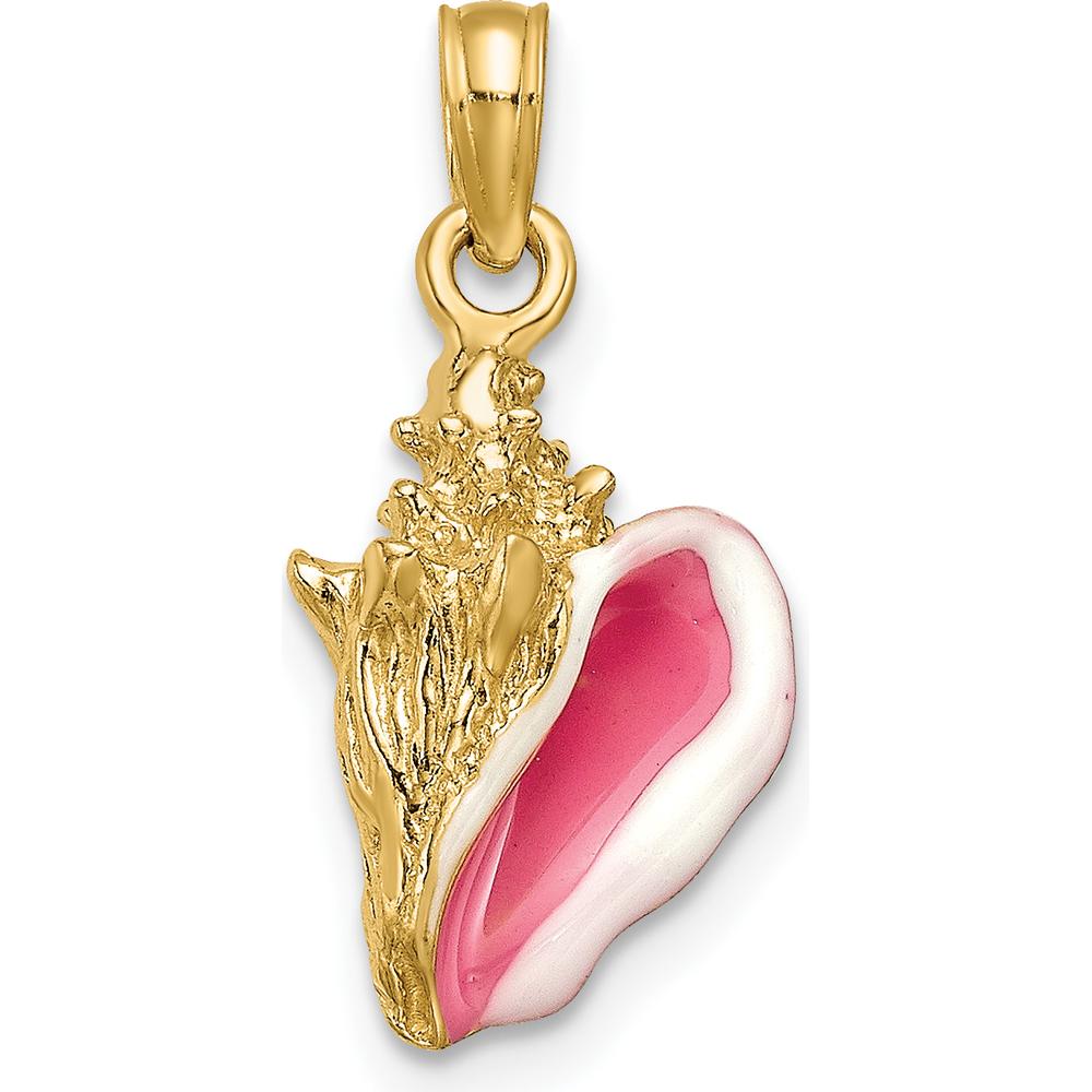 14K Yellow Gold 3D Pink and White Enameled Conch Shell Pendant - 22mm Length by Oro Pregiato