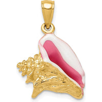 14K Yellow Gold 3D Pink and White Enameled Conch Shell Pendant by Oro Pregiato