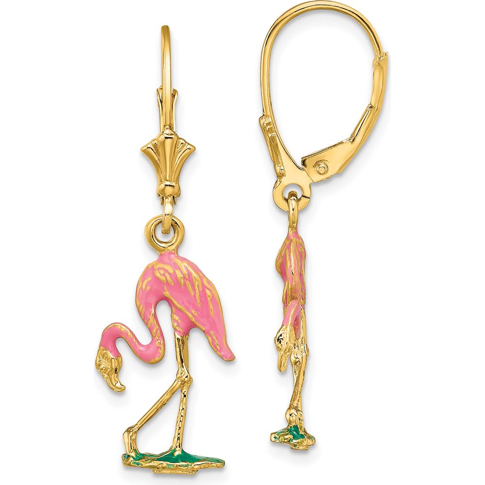 14K Yellow Gold 3D Pink Enamel Flamingo Drop Leverback Earrings by 0