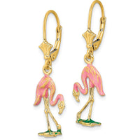 14K Yellow Gold 3D Pink Enamel Flamingo Drop Leverback Earrings by 0