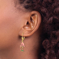 14K Yellow Gold 3D Pink Enamel Flamingo Drop Leverback Earrings by 0