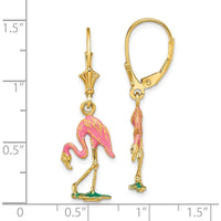 14K Yellow Gold 3D Pink Enamel Flamingo Drop Leverback Earrings by 0