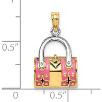 14K Yellow Gold 3D Pink Enamel Handbag Charm with Rhodium Accents by Oro Pregiato
